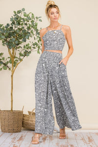 Grey Tie Back Crop Top & Side Pocket Wide Leg Pants Set