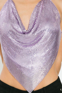 Light Purple Metal Backless Cowl Neck Crop Top