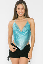 Baby Blue Metal Backless Cowl Neck Crop Top