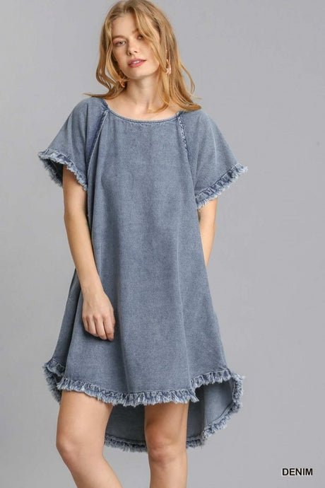 Short Sleeve Pocket Denim Dress with Fringe