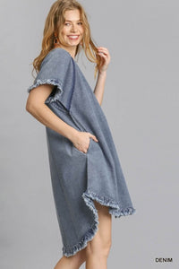 Short Sleeve Pocket Denim Dress with Fringe