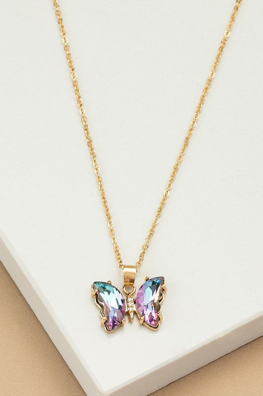 Pink Crystal Butterfly Pendant Necklace