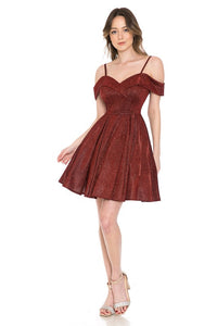 Red Metallic Sweetheart Off Shoulder Short Dress