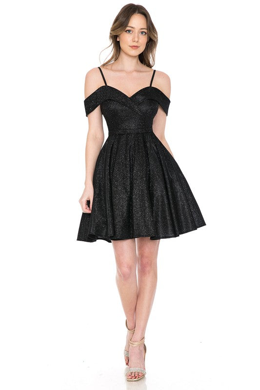Black Metallic Sweetheart Off Shoulder Short Dress