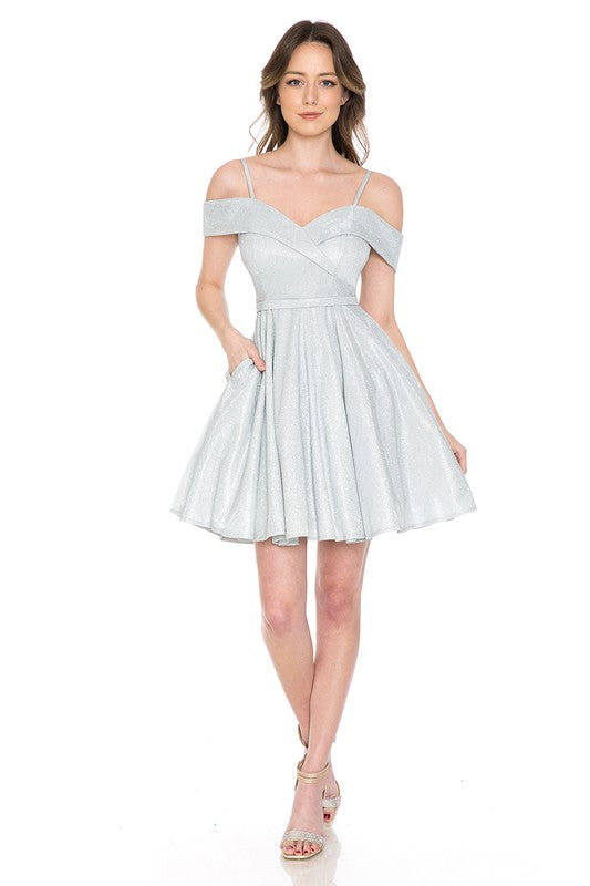 silver short dresses Light Silver Metallic Sweetheart Off Shoulder Short Dress – Aquarius Brand