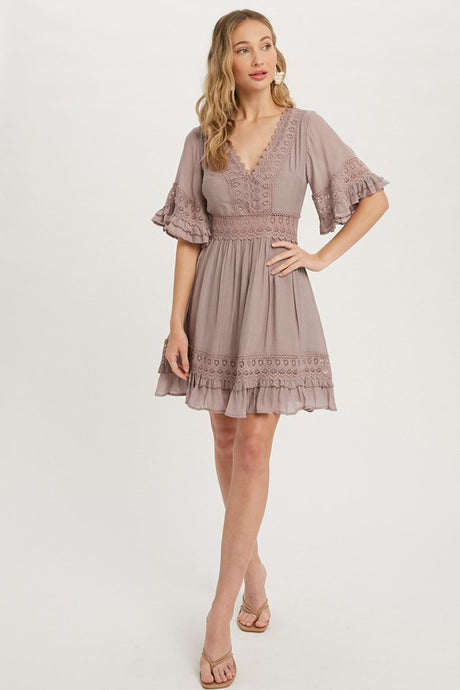 Mauve V-neck Lace Trim Dress