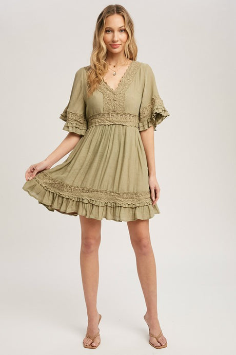 Green V-neck Lace Trim Dress