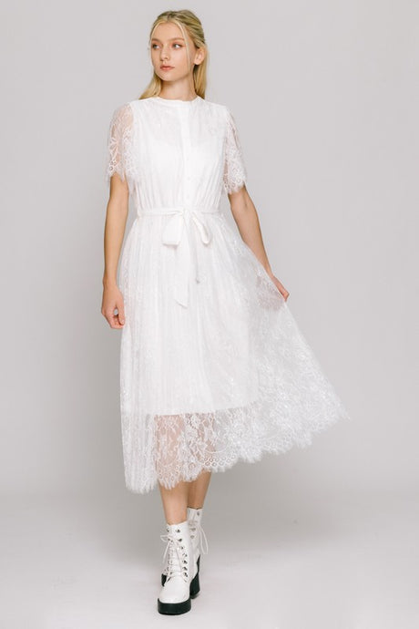 White Eyelet Lace Dress W/belt