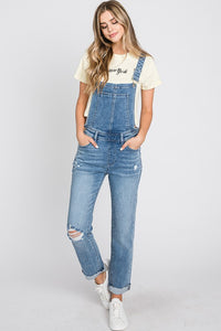 Distressed Raw Edge Cuffed Hem Stretch Mom Overall