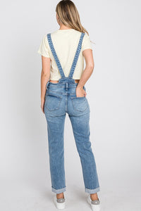 Distressed Raw Edge Cuffed Hem Stretch Mom Overall