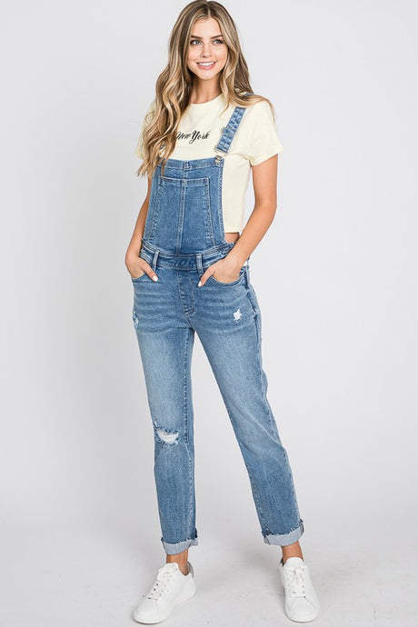 Distressed Raw Edge Cuffed Hem Stretch Mom Overall
