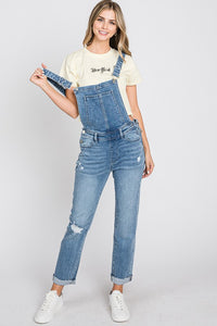 Distressed Raw Edge Cuffed Hem Stretch Mom Overall