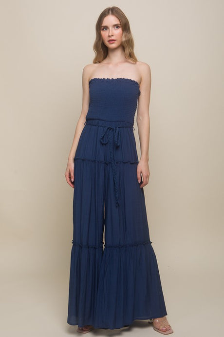 Navy Woven Solid Sleeveless Smocked Ruffle Jumpsuit