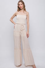 Natural Woven Solid Sleeveless Smocked Ruffle Jumpsuit