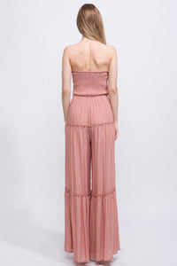 Clay Woven Solid Sleeveless Smocked Ruffle Jumpsuit