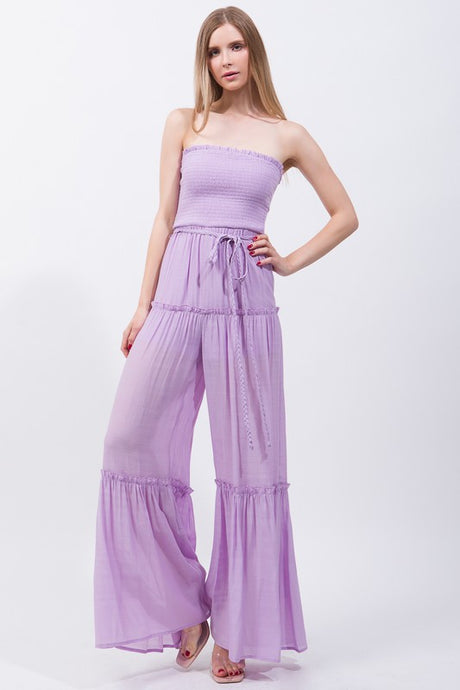 Light Purple Woven Solid Sleeveless Smocked Ruffle Jumpsuit