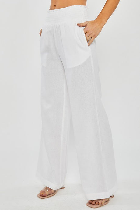 White Woven Solid Long Pants