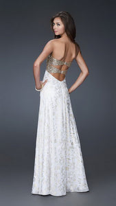 Gold Sequin Top On White Long Dress