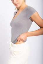 Light Grey Ribbed Bodysuit With Scoop Neck And Short Sleeves