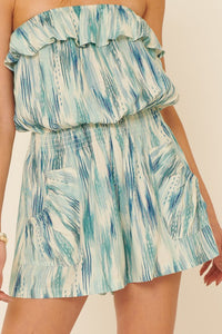 Denim Blue Multicolor Off Shoulder Flared Flounce Romper
