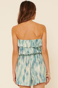 Denim Blue Multicolor Off Shoulder Flared Flounce Romper