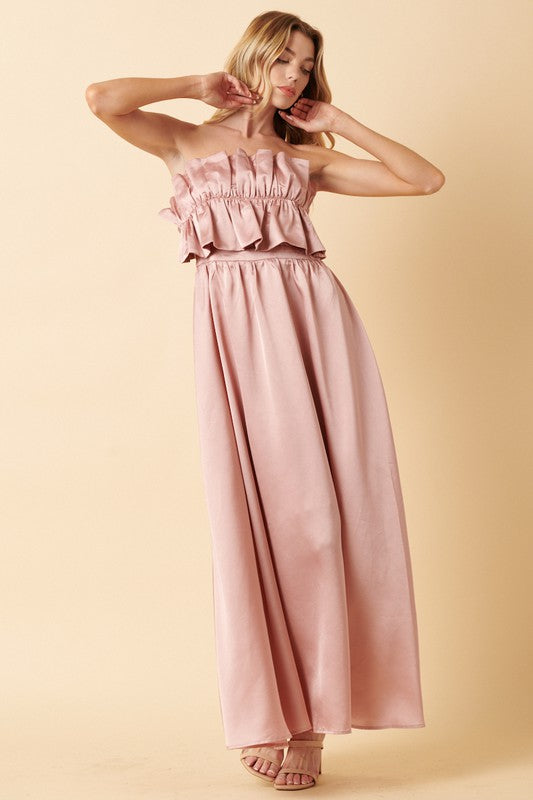 Dusty Mauve Satin Ruffle Bust With Tie Back Maxi Dress – Aquarius Brand