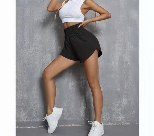 Black Elasticized Waist Active Wear Shorts
