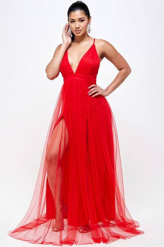 Red Mesh Long Dress