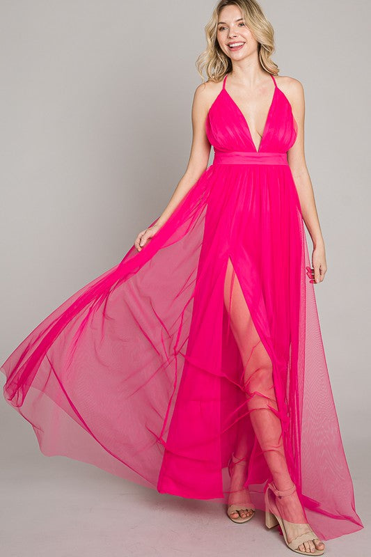 Fuschia Mesh Long Dress