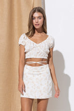 Floral Beige Crop Blouse W/ Puff Sleeves & Mini Skirt