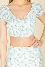 Floral Teal Crop Blouse W/ Puff Sleeves & Mini Skirt