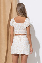 Floral Beige Crop Blouse W/ Puff Sleeves & Mini Skirt