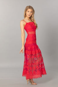 Red  Strap Sleeveless Lace Long Slip
