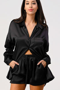 Black Orange Satin Short Set