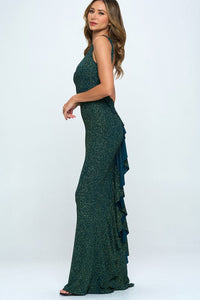Green Bow Ruffle Glitter Maxi Dress