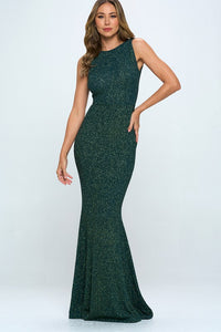 Green Bow Ruffle Glitter Maxi Dress