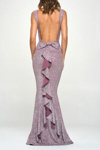 Purple Bow Ruffle Glitter Maxi Dress