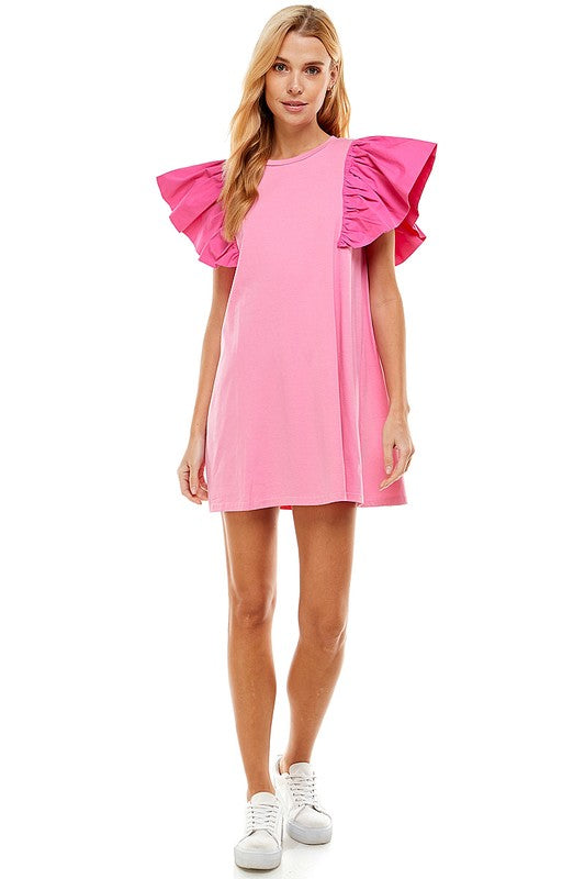 Pink Knit Ruffle Sleeve Mini Dress