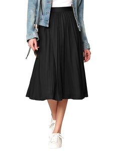 Black High Elastic Waist Pleated Mid A-Line Swing Skirt