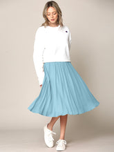 Light Blue High Elastic Waist Pleated Mid A-Line Swing Skirt