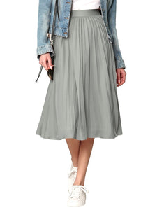 Grey High Elastic Waist Pleated Mid A-Line Swing Skirt