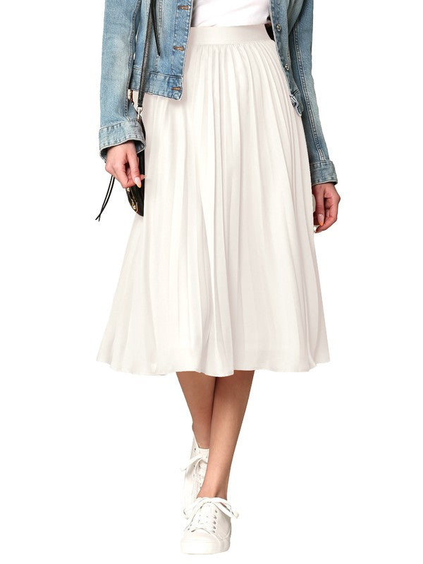 White High Elastic Waist Pleated Mid A-Line Swing Skirt