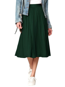 Dark Green High Elastic Waist Pleated Mid A-Line Swing Skirt
