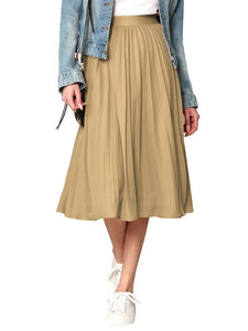Khaki High Elastic Waist Pleated Mid A-Line Swing Skirt