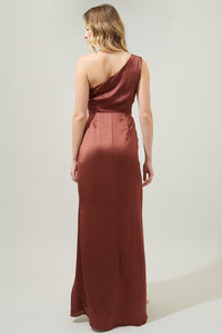 Rust Prestige One Shoulder Asymmetrical Maxi Dress
