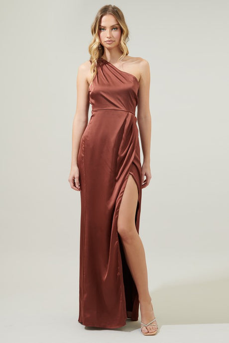 Rust Prestige One Shoulder Asymmetrical Maxi Dress