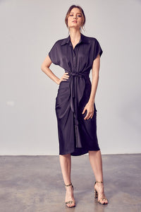 Black Button Up Front Tie Detail Dress