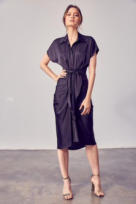 Black Button Up Front Tie Detail Dress