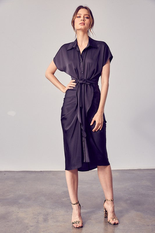 Black Button Up Front Tie Detail Dress