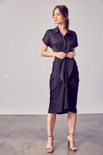 Black Button Up Front Tie Detail Dress
